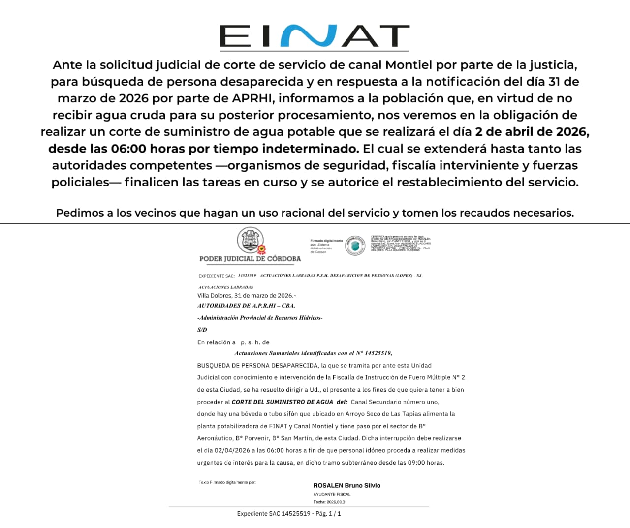 CORTE EN EL SUMINISTRO DE AGUA